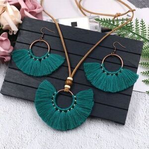 Boho Tassel Necklace & Earrings Set Fan Fringe Statement Festival Jewelry